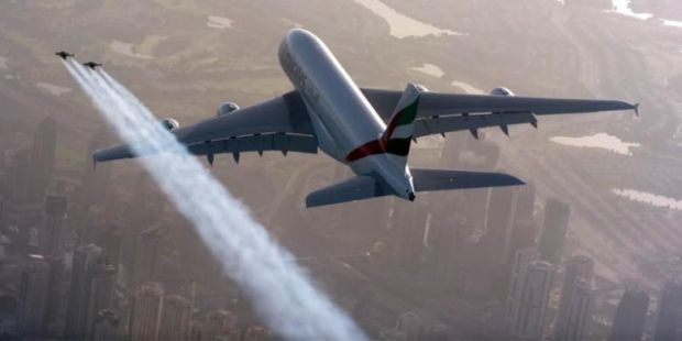 Manusia Bersayap ”Kejar” Airbus A380 di Atas Kota Dubai