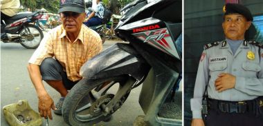 Selepas Jam Dinas, Pak Polisi Ini Berubah Jadi Tukang Tambal Ban, Sudah 20 Tahun Ia Lakoni