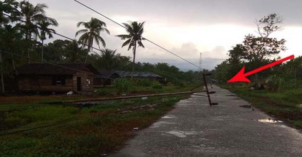 Sejumlah Tiang Listrik Desa Bantan Timur Kabupaten Bengkalis Tumbang dan Menghalang Jalan Poros