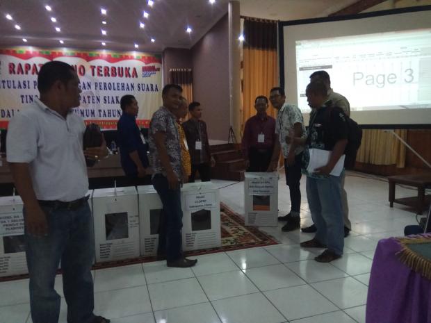 Sejumlah Saksi Parpol Protes, KPU Siak Bongkar Seluruh Kotak Pleno Tingkat Kecamatan Bungaraya