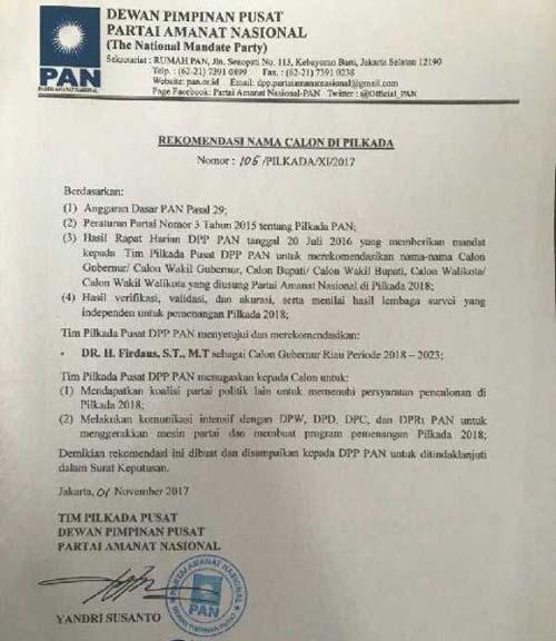 Ini Penampakan Surat Rekomendasi Tim Pilkada DPP PAN ke Firdaus MT sebagai Calon Gubernur Riau 2018