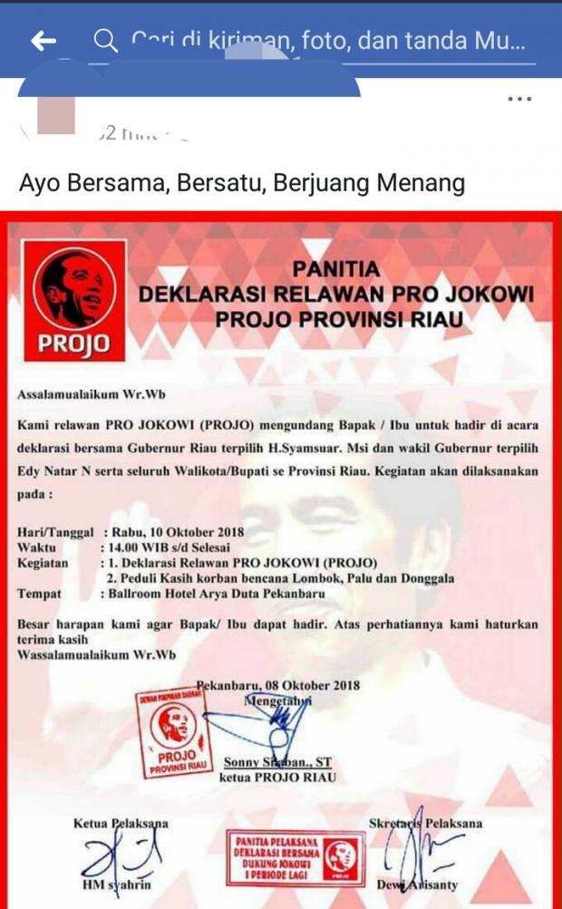 Usai Foto, Surat Undangan Deklarasi Relawan Pro Jokowi Provinsi Riau Dihadiri Syamsuar, Beredar Luas di Medsos