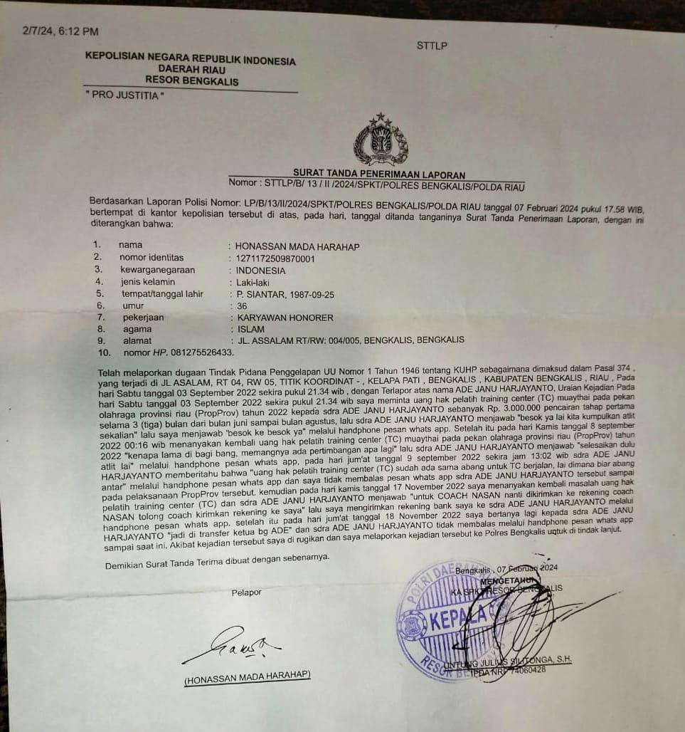 Gara-gara Uang TC Porprov X Riau 2022 tak Dibayarkan, Pelatih dan Atlet Muaythai Bengkalis Melapor ke Polisi