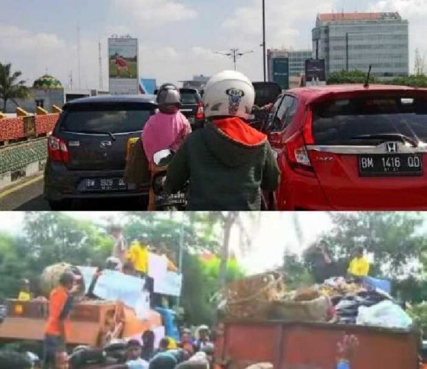 Imbas Demo Ratusan Penyapu Jalan, Lalu Lintas Jalan Jenderal Sudirman Pekanbaru Padat Merayap