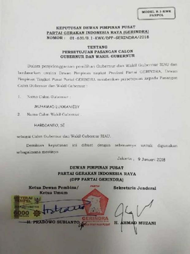 Akhirnya, Gerindra-PKB Usung Lukman Edy-Hardianto di Pilgub Riau 2018