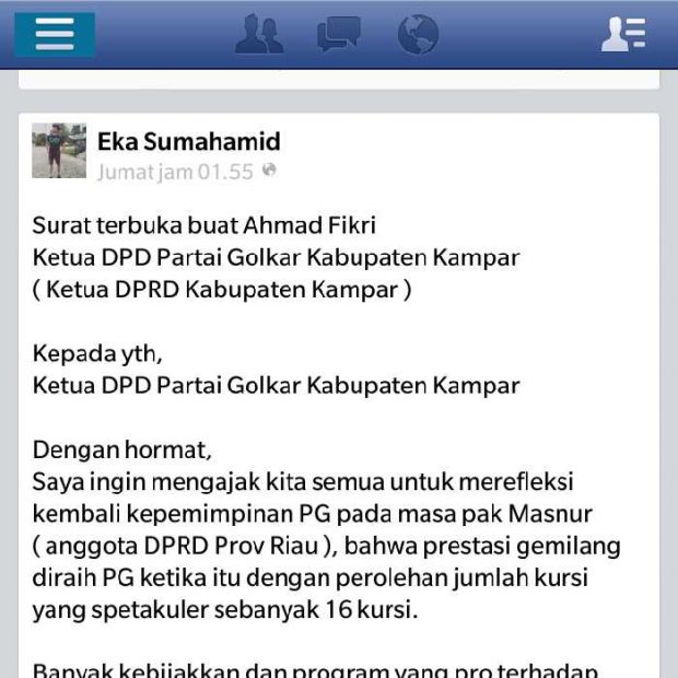 Posting Surat Terbuka Lewat Facebook, Sekretaris DPD Golkar Kampar Pecah Kongsi dengan Ketua Ahmad Fikri?