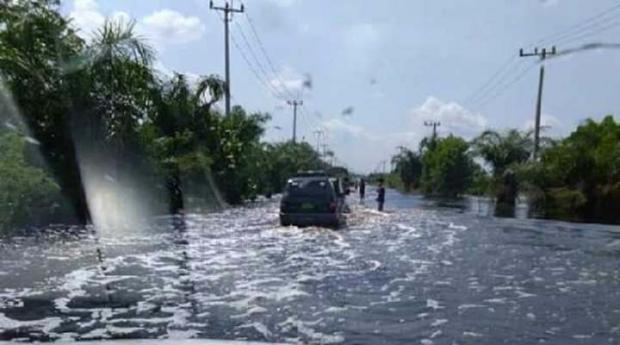 Hati-hati, Jalan Lintas Timur Desa Kemang Pelalawan Digenangi Banjir, Banyak Kendaraan yang Mogok