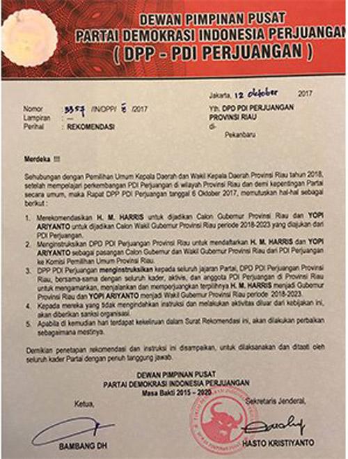 Beredar Surat Rekomendasi PDI Perjuangan Dukungan untuk Harris-Yopi di Pilgub Riau 2018