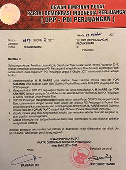 Meski Belum Sampai ke Tangannya, Ketua BP Pemilu DPD PDIP Riau Bilang Surat Rekomendasi Dukungan Pilgub untuk Harris-Yopi Tidak Palsu