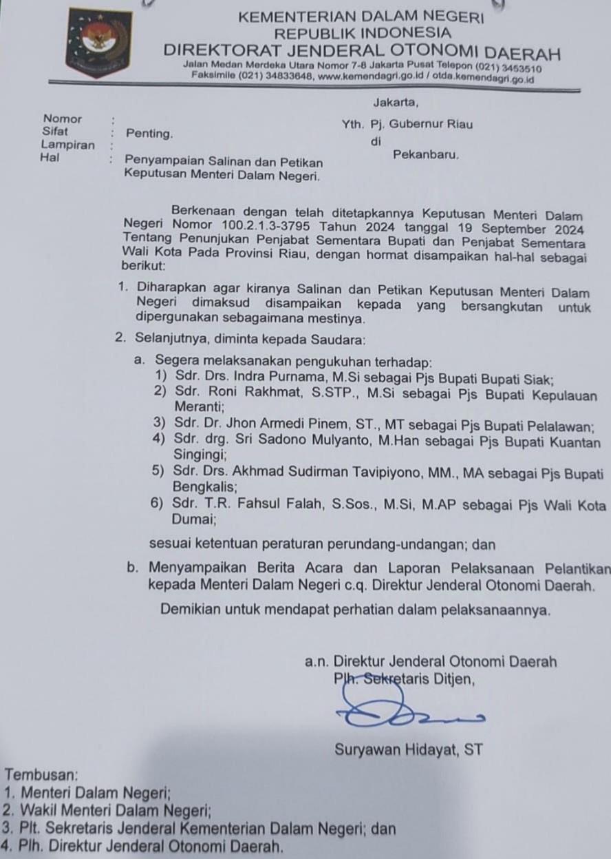 <b>Kalau tak Ada Kendala dan Perubahan, Enam Pejabat Sementara Kepala Daerah di Provinsi Riau akan Dikukuhkan pada Senin, 23 September 2024</b>