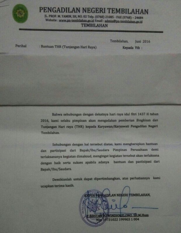 Geger Surat Berkop Pengadilan Negeri Tembilahan untuk Minta Bantuan THR