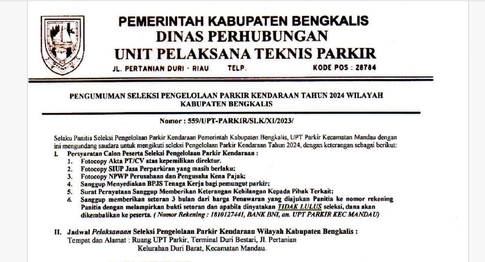 Dishub Bengkalis Umumkan Seleksi Pengelolaan Parkir 2024