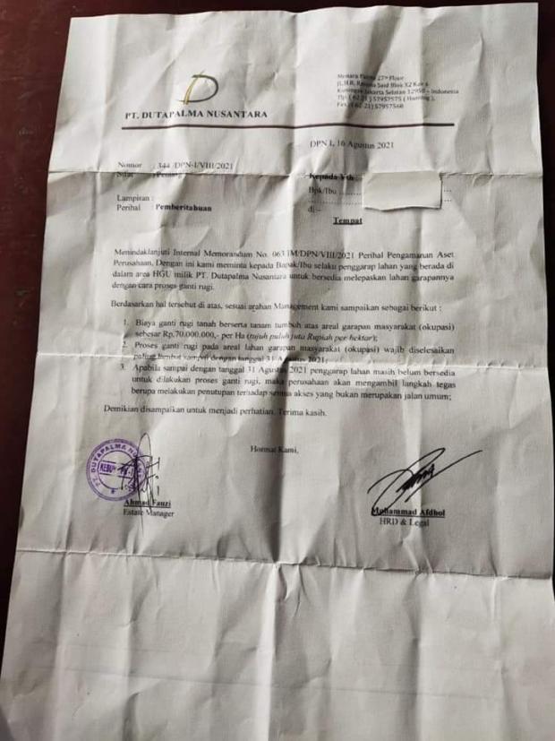 Beredar Surat Berlogo PT Dutapalma Nusantara Minta Sejumlah Warga Kuansing Lepaskan Lahan dengan Ganti Rugi Rp70 Juta per Hektar