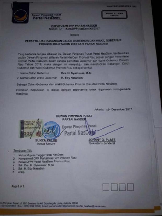 Nasdem Putuskan Usung Syamsuar dan Edy Natar Nasution di Pilgub Riau 2018
